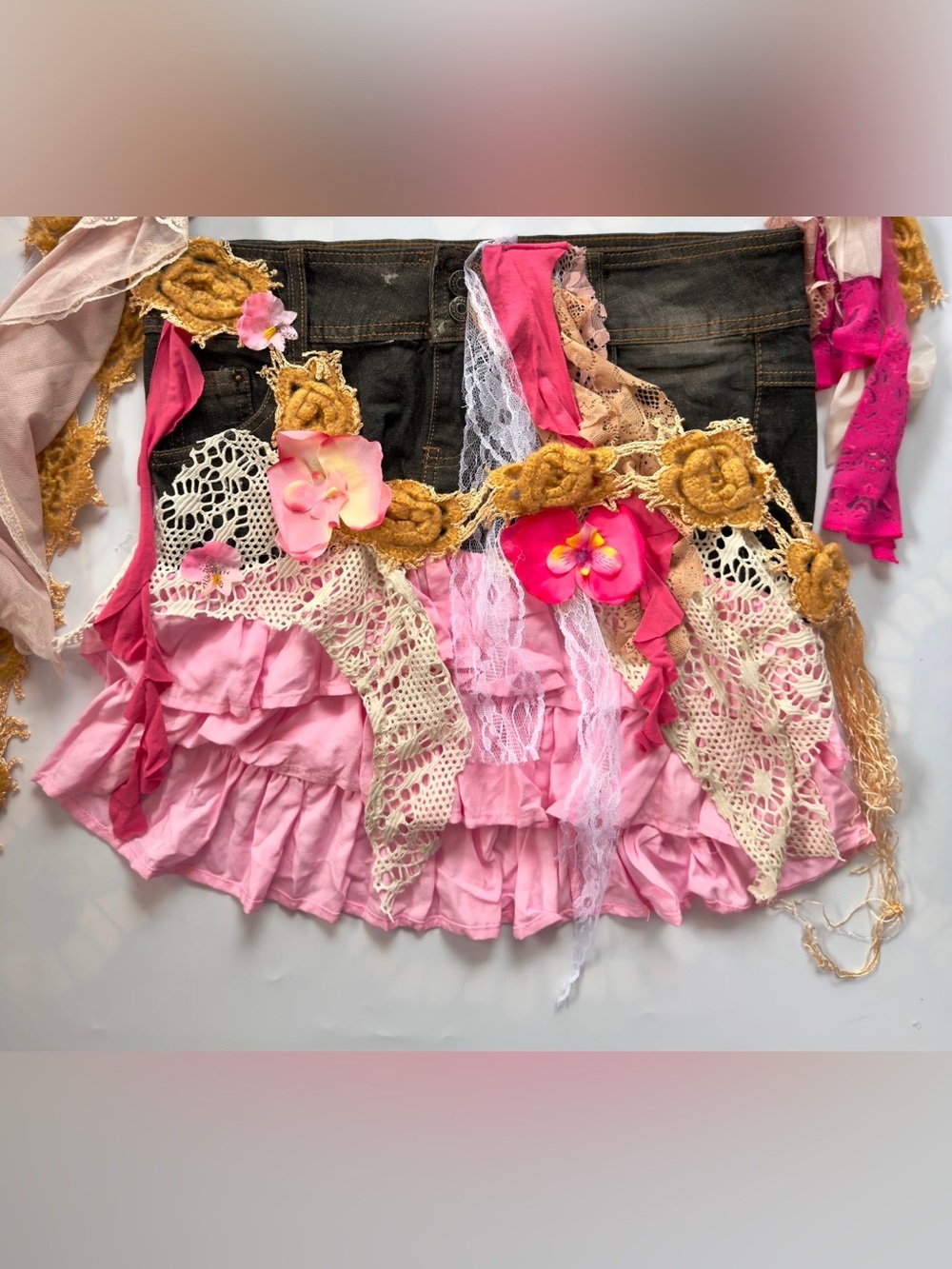 Pink Layered Ruffle Skirt with Lace Trim